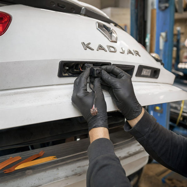 Mécanicien installant une caméra de recul d'origine dans le hayon d'un Renault Kadjar