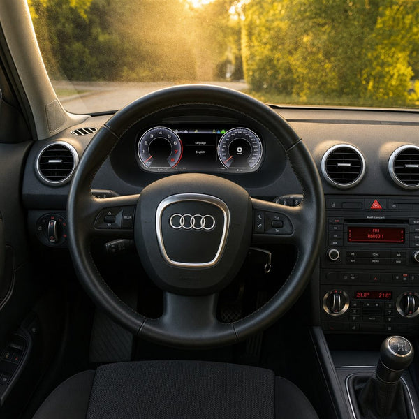Virtual cockpit allumé dans une Audi A3 8P, derrière le volant aux quatre anneaux
