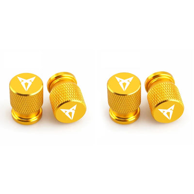 Bouchons de valve Cupra, de couleur jaune avec logo Cupra inscrit sur les bouchons de valve.