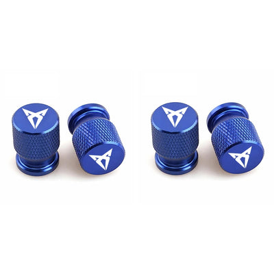 Bouchons de valve Cupra, de couleur bleu avec logo Cupra inscrit sur les bouchons de valve.