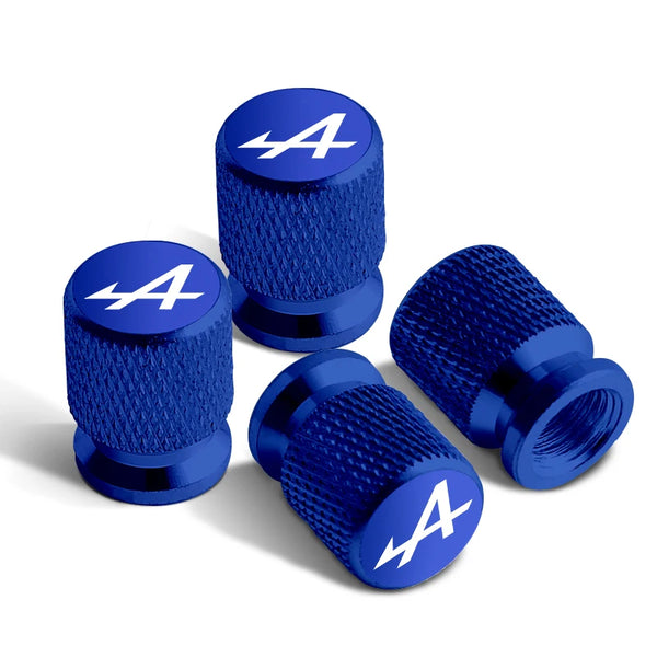 Bouchons de valves Renault Alpine de couleur bleu, avec le logo Alpine sur le bouchon.