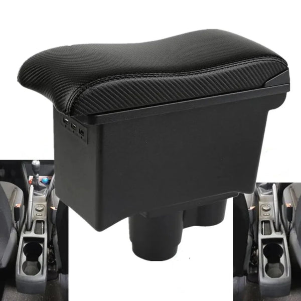 Accoudoir voiture Dacia Duster incurvé, avec ports USB intégrés de couleur noir.