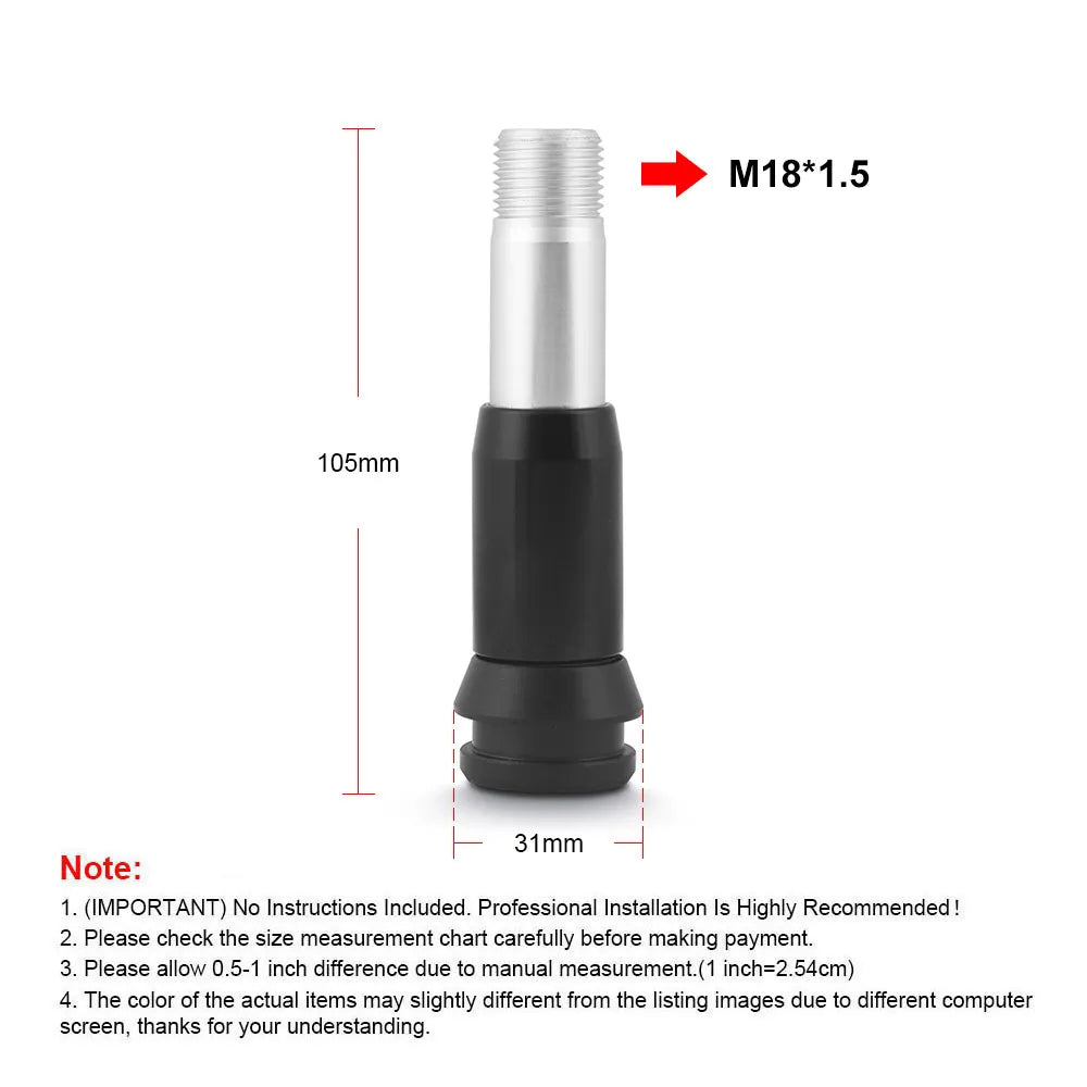 Dimensions de l'adaptateur de pommeau automatique : 105 mm de haut, 31 mm de base et filetage M18 x 1,5