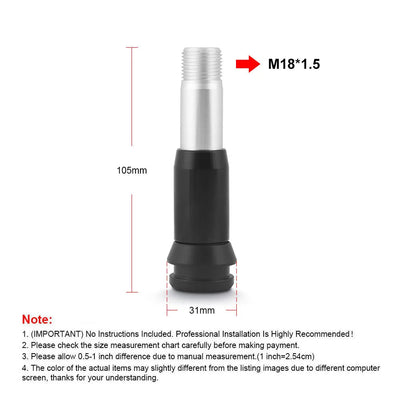 Dimensions de l'adaptateur de pommeau automatique : 105 mm de haut, 31 mm de base et filetage M18 x 1,5