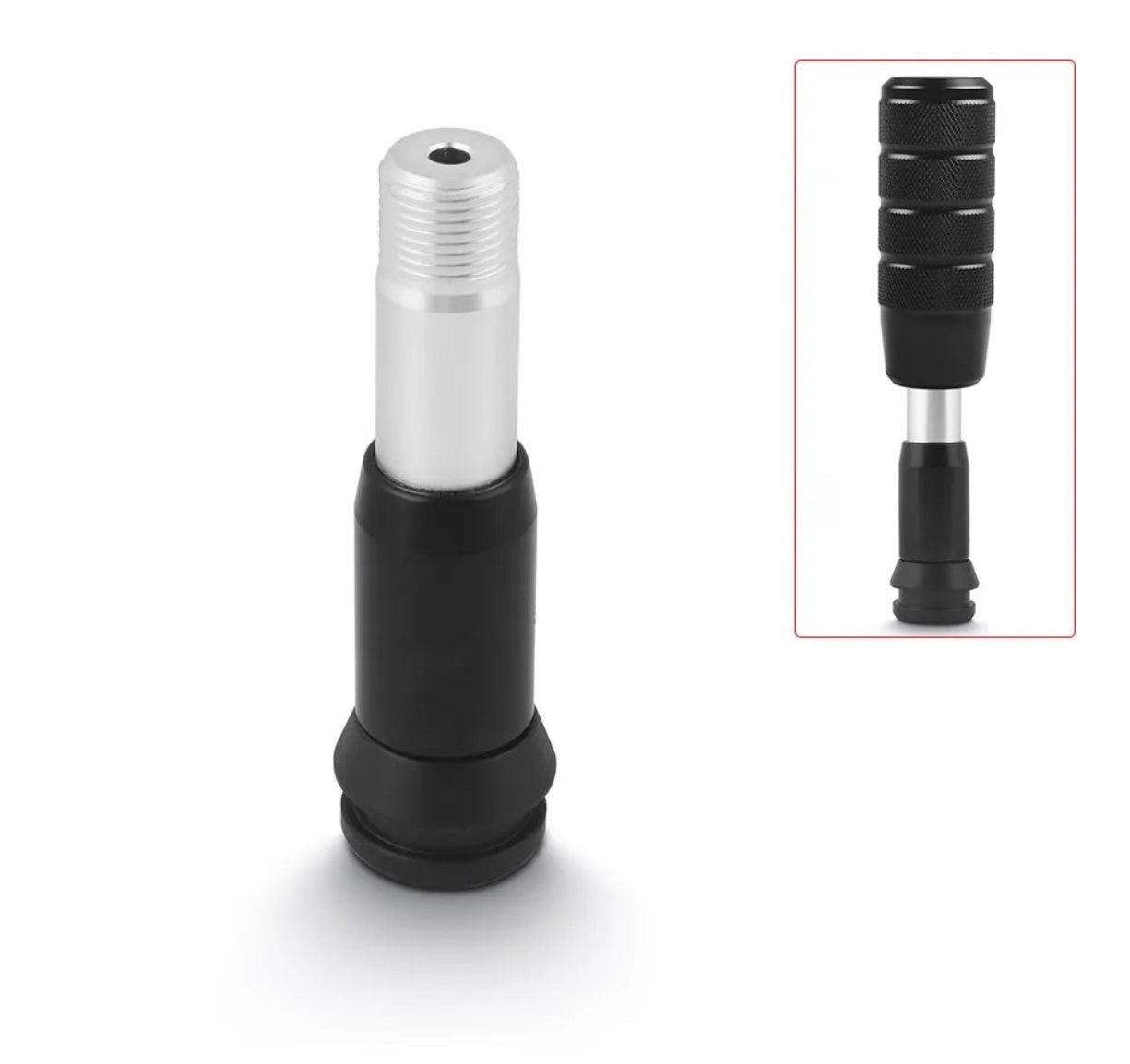 Adaptateur pour pommeau de vitesse automatique, tige filetée sur base noire, avec un exemple de pommeau monté