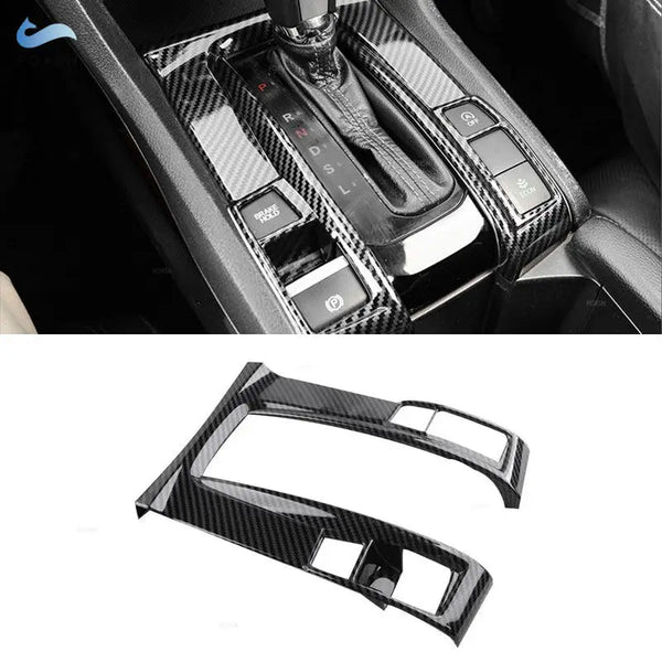 Garniture console centrale carbone montée sur une Honda Civic 10 automatique, avec la pièce seule en dessous