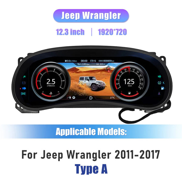 Virtual cockpit Jeep Wrangler JK version Type A, deux cadrans numériques encadrant une vue centrale du véhicule
