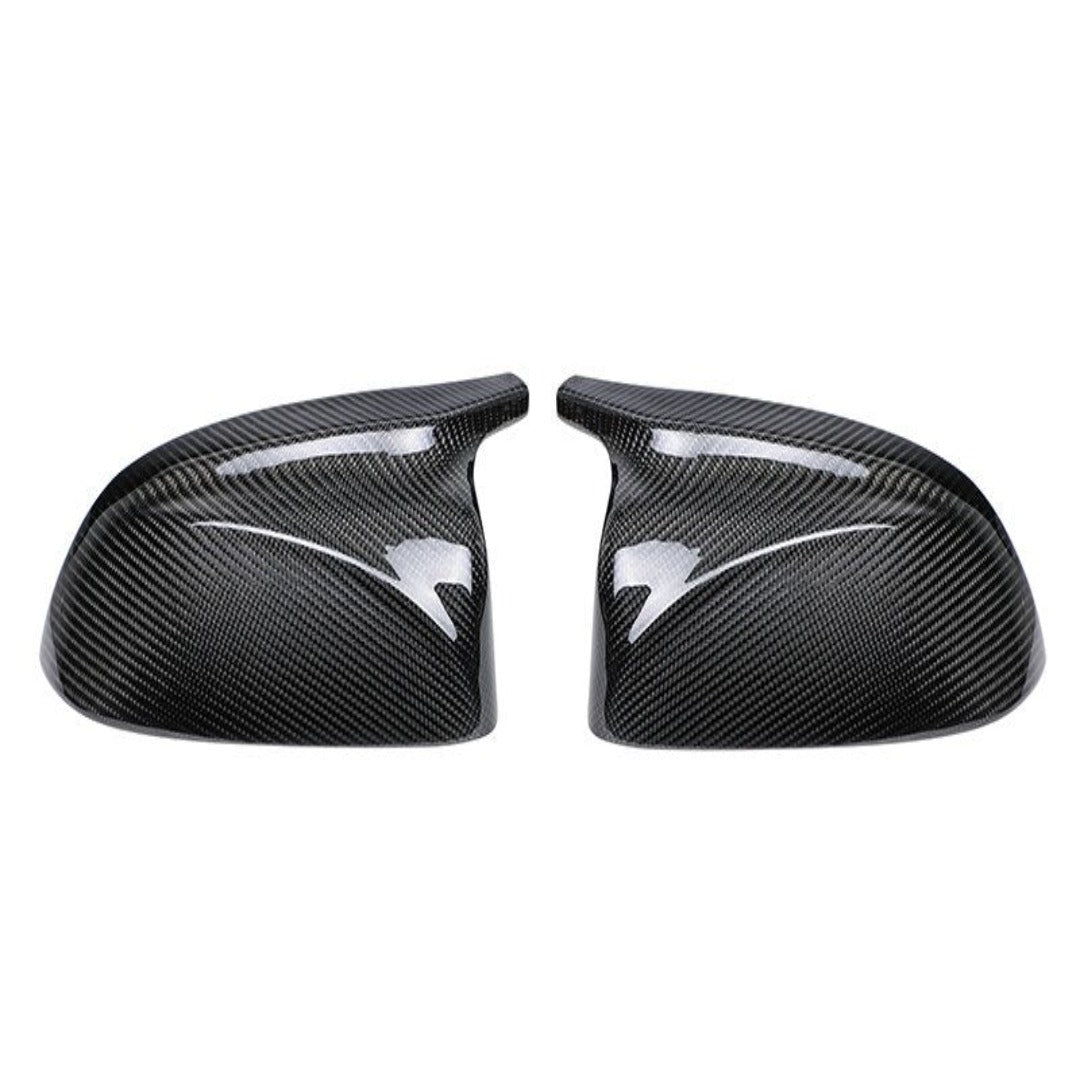 Paire de coques de rétroviseur BMW X3 en carbone tressé, gauche et droite posées côte à côte