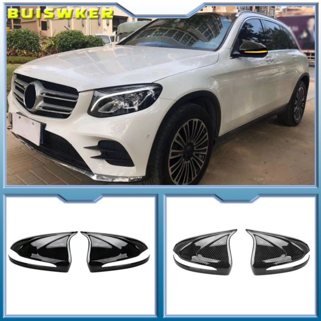 Coques de rétroviseur Mercedes GLC 260 en noir brillant et en carbone, avec un aperçu sur le véhicule blanc