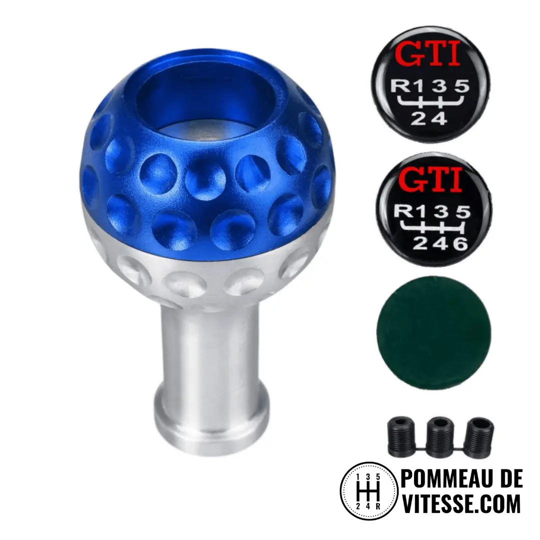 Pommeau de vitesse en forme de balle de golf, pour Golf 4 GTI de couleur bleu.