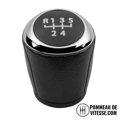 Pommeau de vitesse Chevrolet en cuir noir, pastille 5 rapports cerclée de chrome