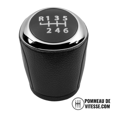 Pommeau de vitesse Chevrolet version 6 rapports, corps cuir noir grainé et couronne chromée