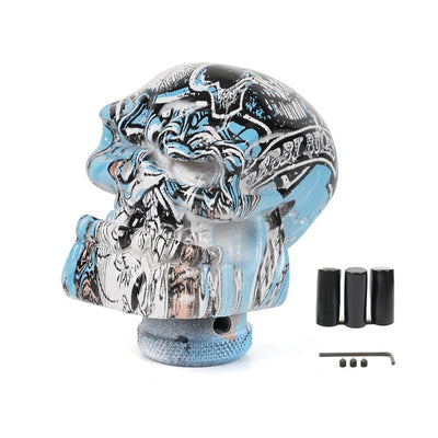 pommeau de vitesse tête de mort graffiti de couleur bleu.