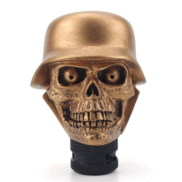 Pommeau de vitesse tête de mort MK1 finition bronze, crâne coiffé d'un casque militaire, vu de face