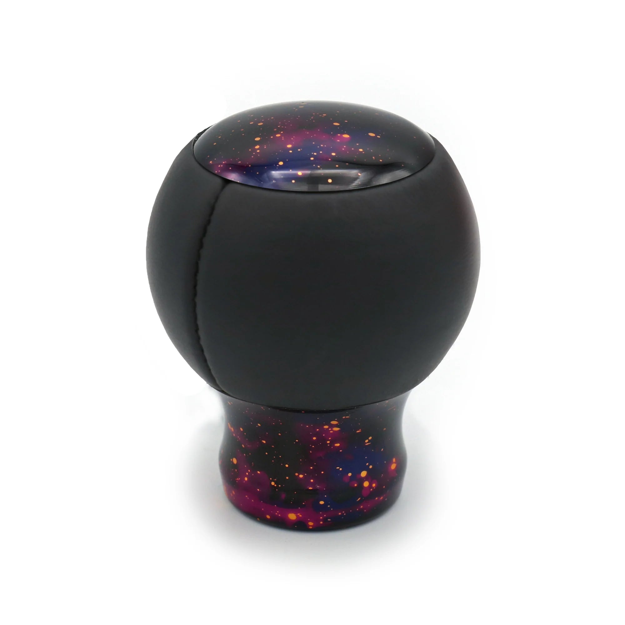 Pommeau de vitesse violet étoilé gainé de cuir noir, insert et pied aux reflets galaxie