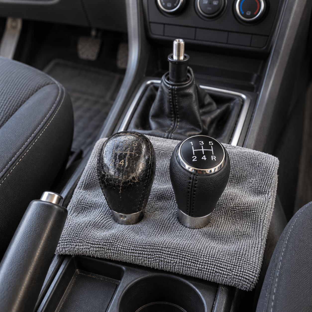 Ancien pommeau de vitesse usé posé à côté du pommeau neuf, sur la console