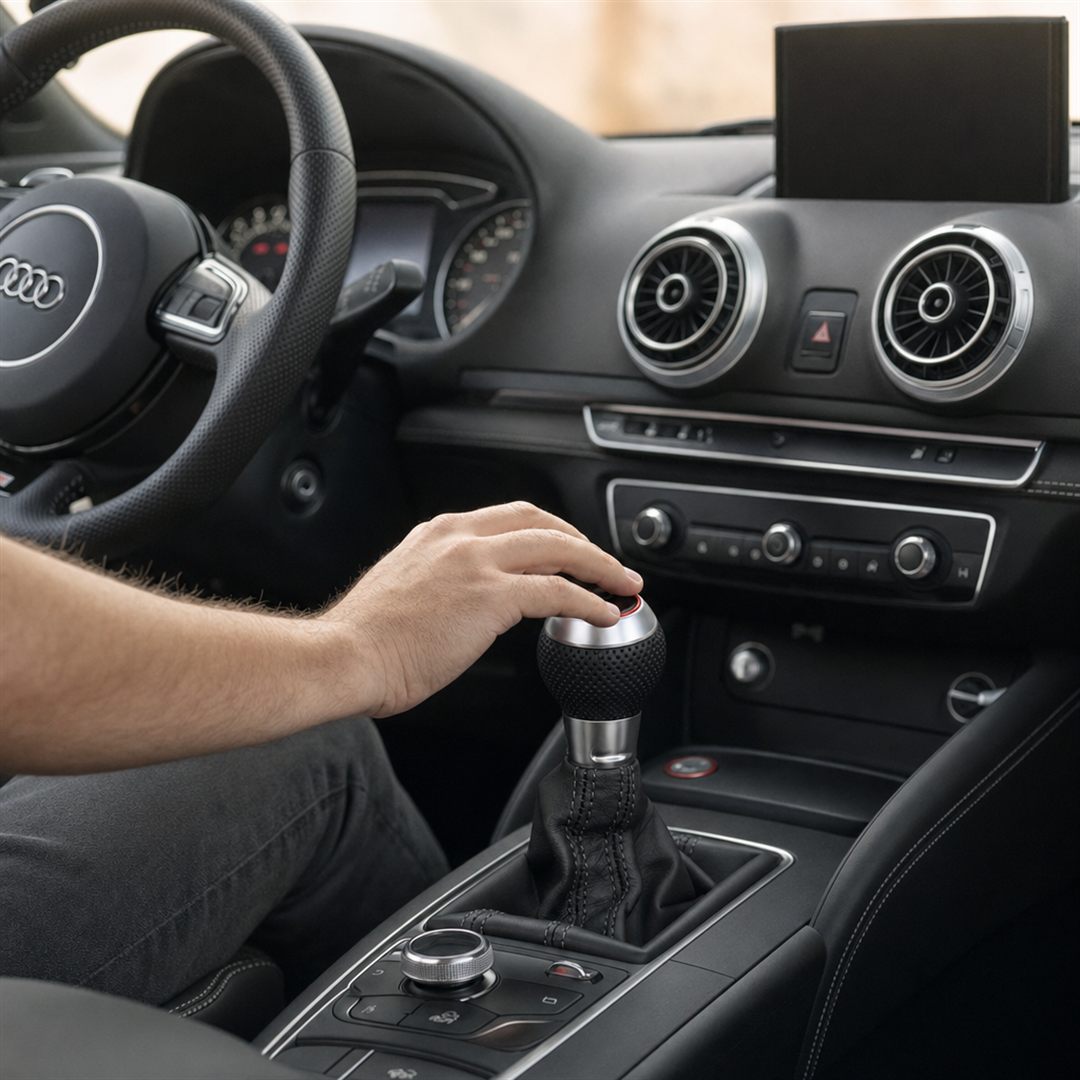 Main du conducteur sur le pommeau de boîte automatique Audi RSQ3, levier bien droit, dans un habitacle Audi