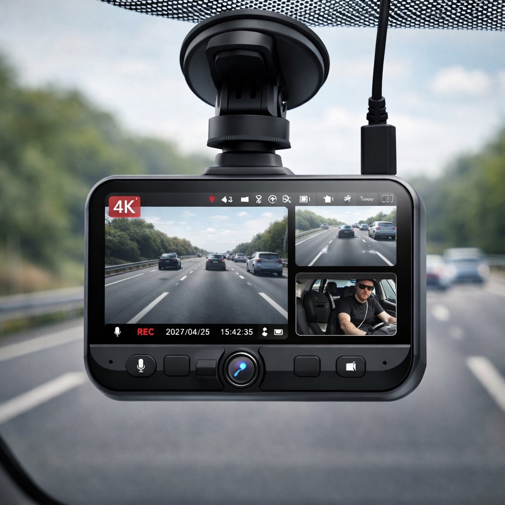 Dashcam 4K montée au pare-brise, vue de l'habitacle d'une voiture