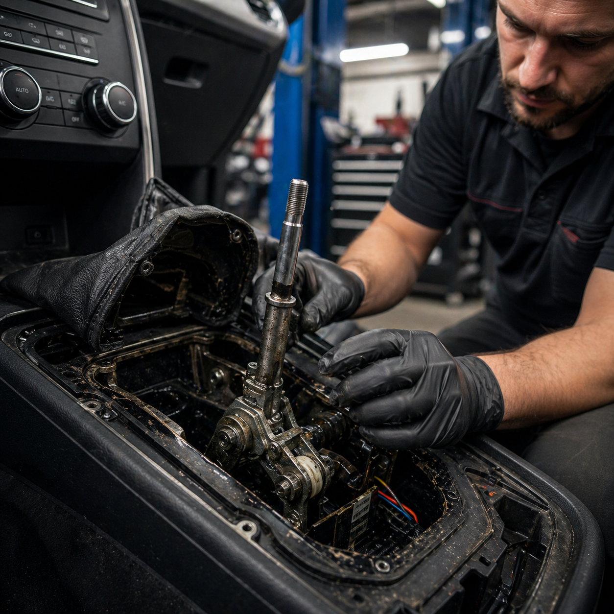 levier de vitesse abîmé démonté avec mécanisme visible voiture