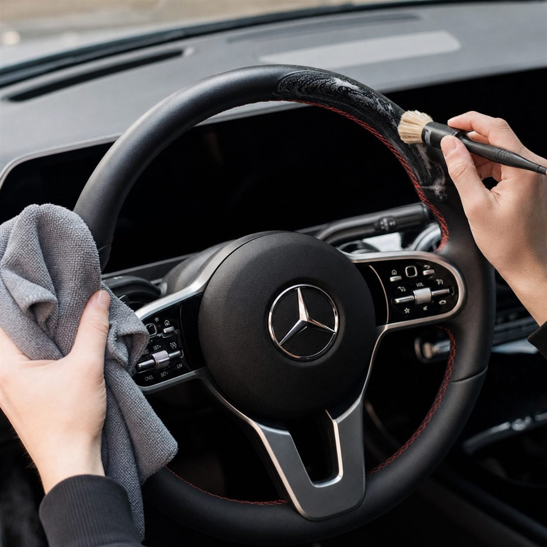 Nettoyage du volant en cuir d'une Mercedes Classe A avec une brosse douce et une microfibre