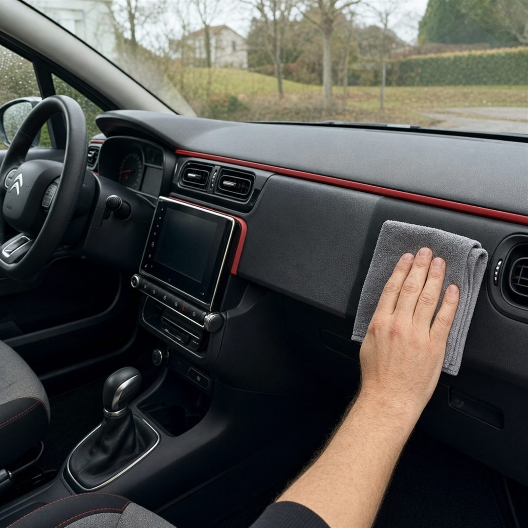 Application d'un rénovateur mat sur la planche de bord en plastique d'une Citroën C3