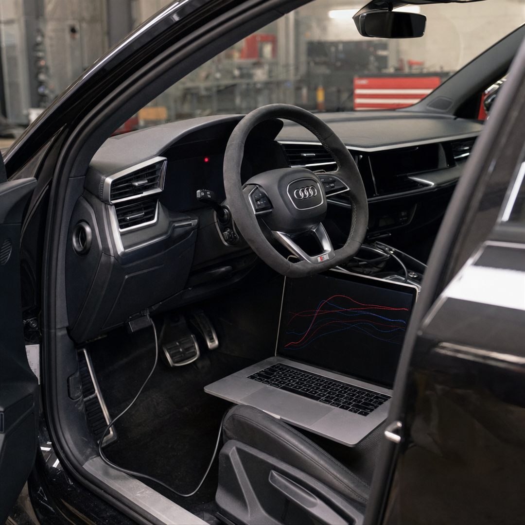 Ordinateur portable relié à la prise OBD d'une Audi S3 pour une reprogrammation moteur