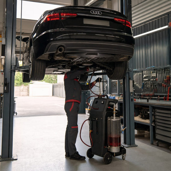 Vidange de boîte automatique sur une Audi A4 au pont : le mécanicien raccorde la machine de remplacement d'huile