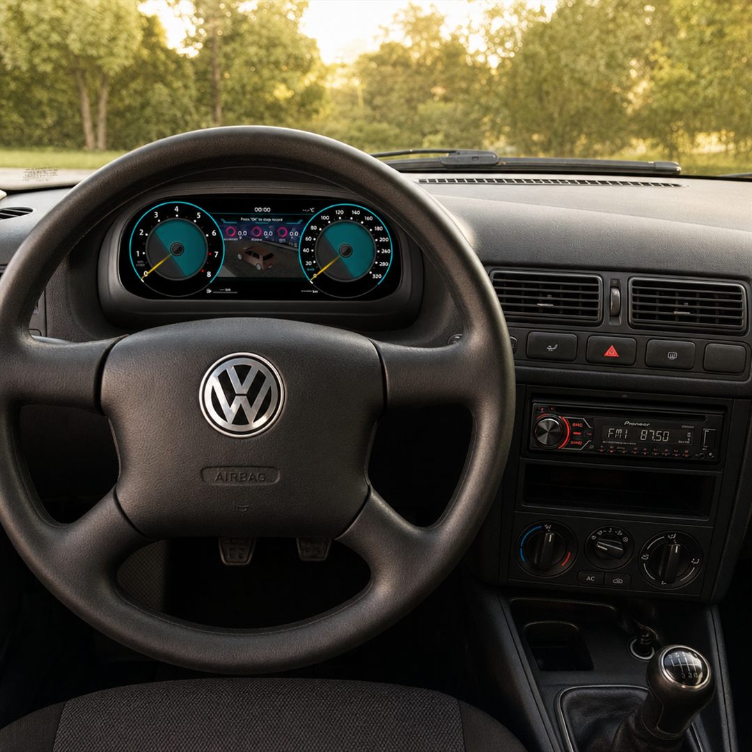 Virtual cockpit installé derrière le volant d'une Volkswagen Golf 4