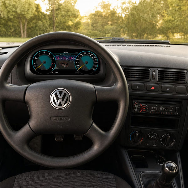 Virtual cockpit installé derrière le volant d'une Volkswagen Golf 4