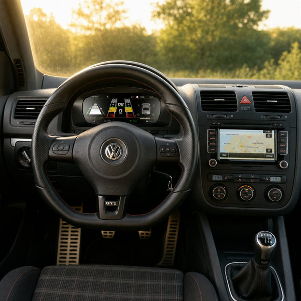 Compteur digital allumé dans l'habitacle d'une Golf 5 GTI
