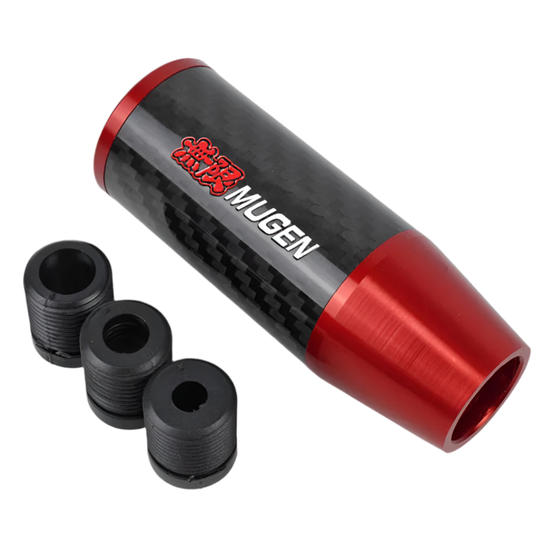 Pommeau de vitesse tuning V2 de couleur carbone et partie basse de couleur rouge.