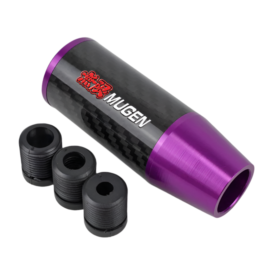 Pommeau de vitesse tuning V2 de couleur carbone et partie basse de couleur violet.