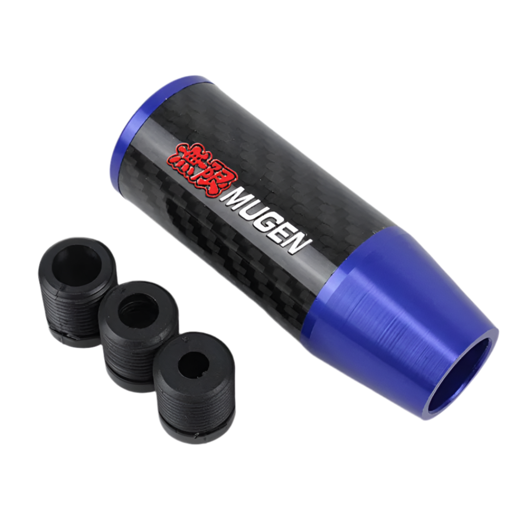 Pommeau de vitesse tuning V2 de couleur carbone et partie basse de couleur bleu.