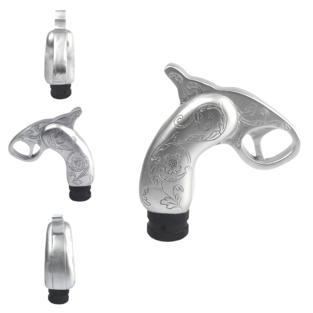 Pommeau de vitesse manche de pistolet avec un look contemporain et des motifs à fleur sur le manche de couleur gris.