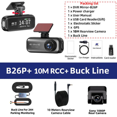 Dashcam avant et arrière et ses nombreux accessoires.