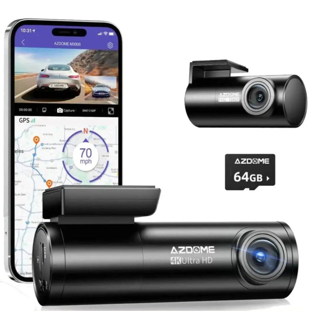 Dashcam M300S avec caméra avant 4K, caméra arrière 1080p et gps intégré.