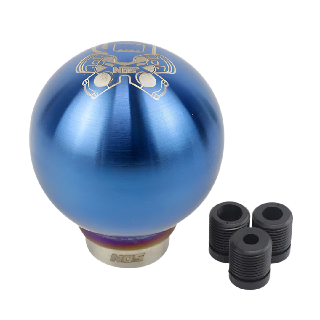 Pommeau de vitesse tuning R de couleur bleu, avec ses 3 adaptateurs.