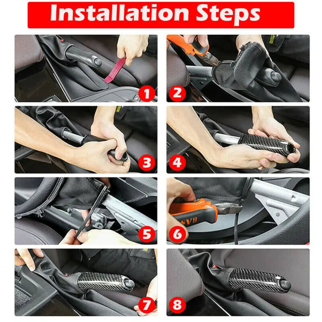 En image les différentes étapes d'installation de la poignée de frein à main BMW