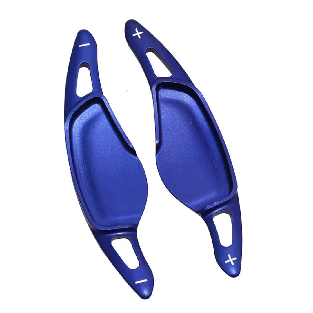 Extension palette au volant BMW X3M X4M M5 bleue, paire gauche et droite aux repères − et + ajourés