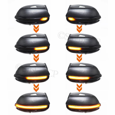 Séquence d'allumage du clignotant dynamique sur coque de rétroviseur noire : la lumière orange défile vers l'avant en huit images