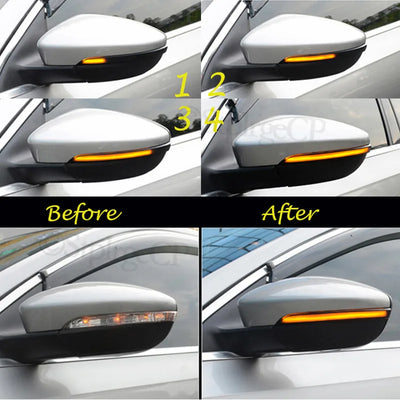 Comparaison avant et après sur rétroviseur gris : clignotant d'origine à gauche, bande LED dynamique qui s'allume à droite