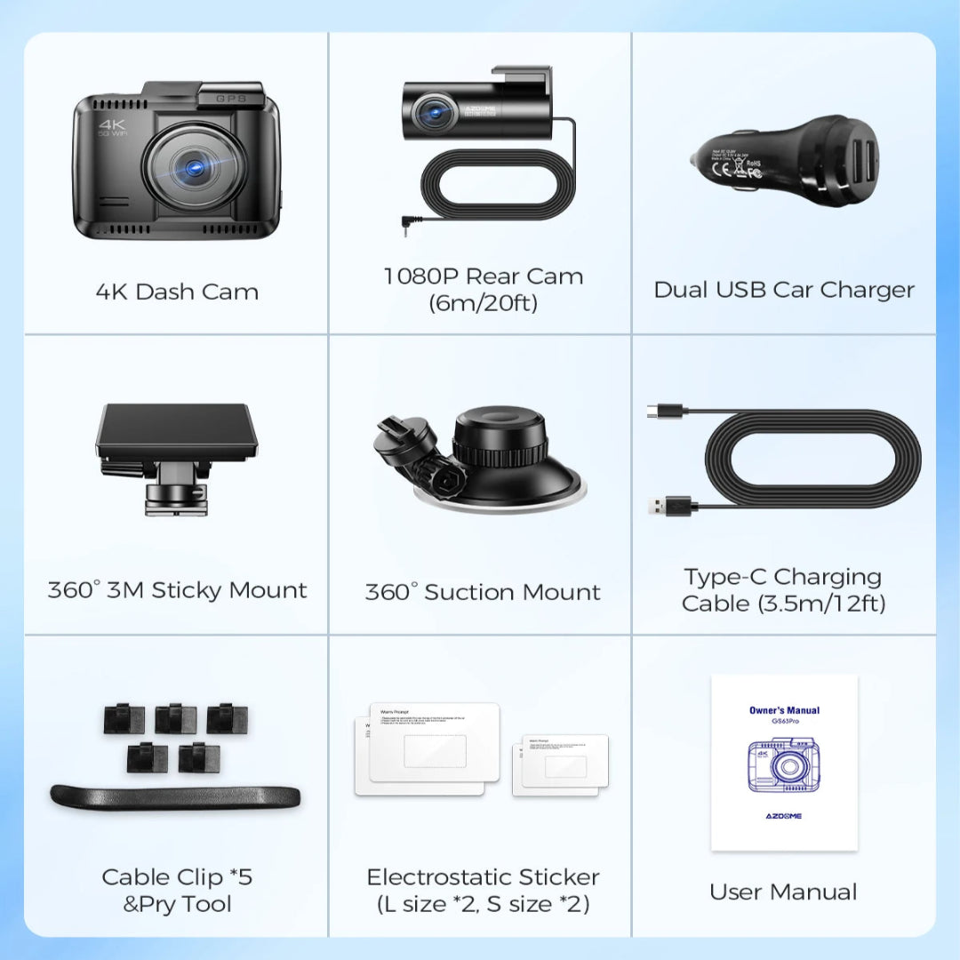 Liste des produits qui accompagne la dashcam GS63 Pro.