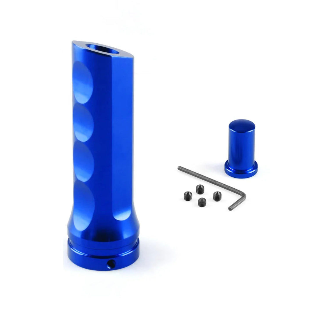 Poignée pour frein à main de couleur bleu.