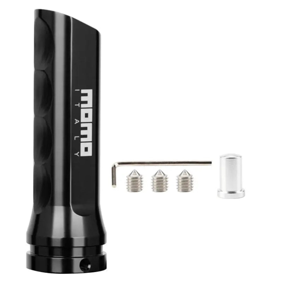 Poignée frein à main tuning avec inscription MOMO de couleur noir.