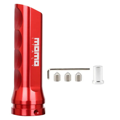 Poignée frein à main momo de couleur rouge accompagnée de son matériel de fixation.