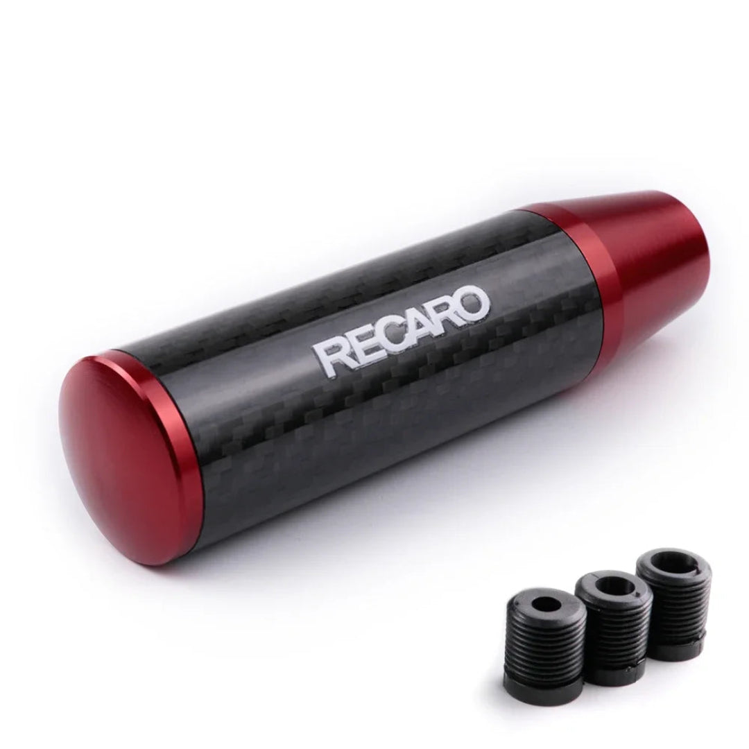Pommeau de vitesse tuning RECARO de couleur rouge et noir avec adaptateurs.