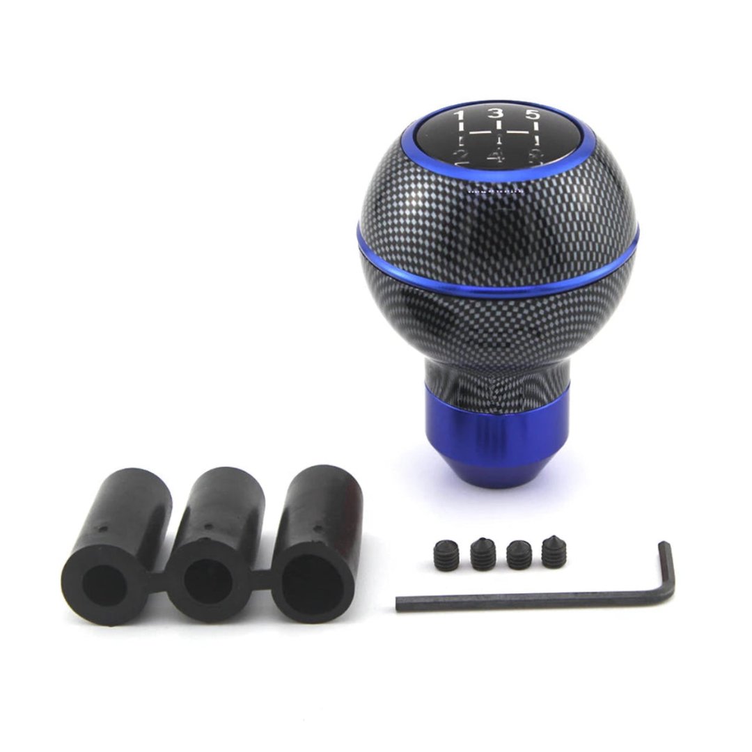 Pommeau de vitesse sport S1, de couleur Carbone et bleu. Pommeau disponible avec 3 adaptateurs