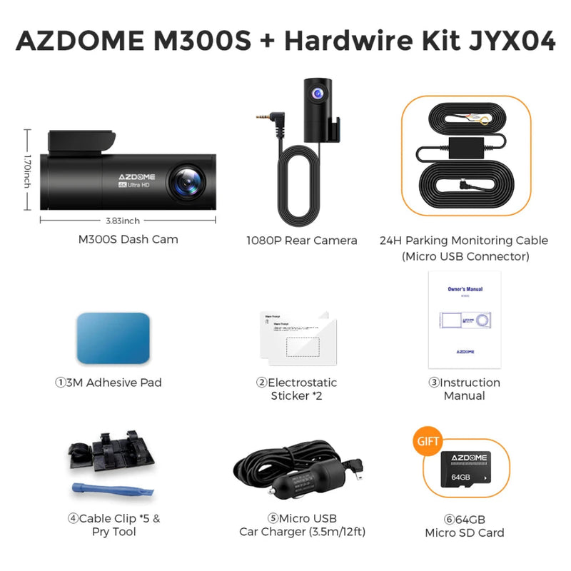 Dashcam M300S avec caméra avant 4K, caméra arrière 1080p et gps intégré.