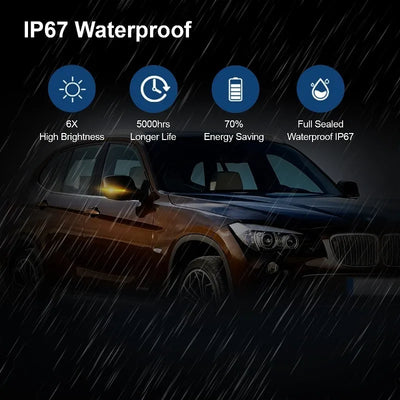 Clignotant de rétroviseur BMW fumé sous la pluie, avec mention de protection IP67