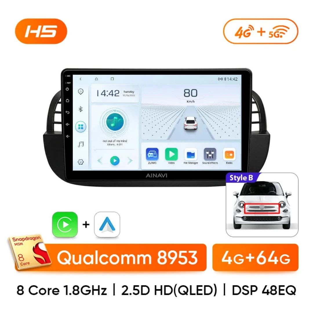 Carplay Fiat 500 de couleur noir avec 4G de RAM. Pour Fiat de style B.